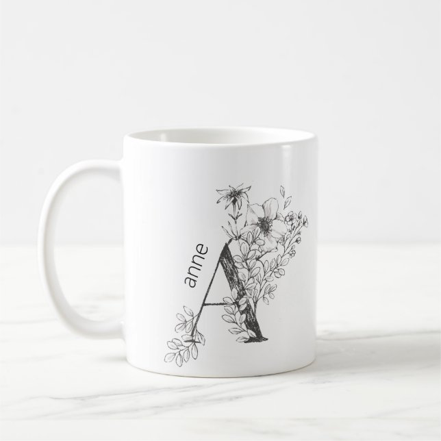 Floral Botanical Monogram | Custom Text Elegant Coffee Mug (Left)