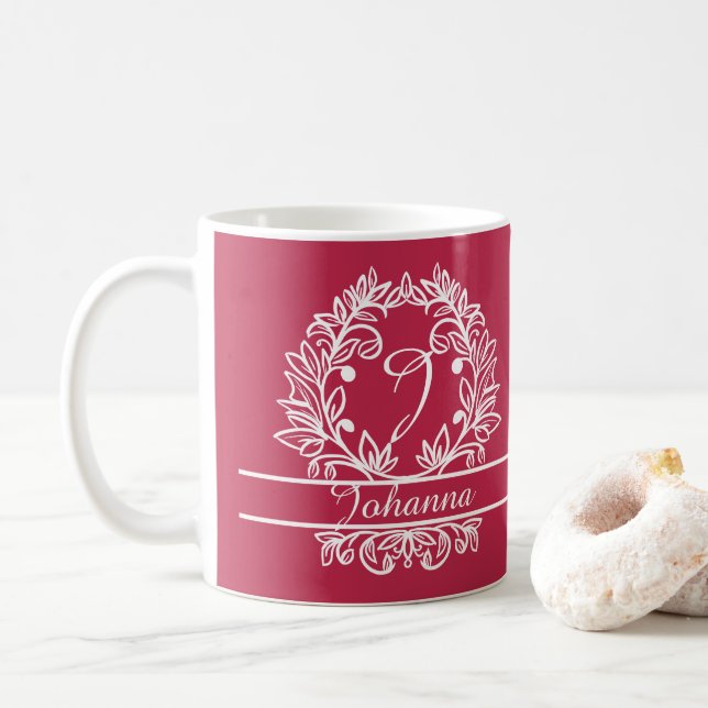 Floral Botanical Monogram - Elegant Custom Text Coffee Mug (With Donut)