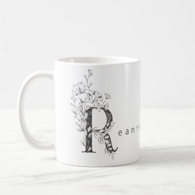 Floral Botanical Monogram "R" Custom Text Elegant Coffee Mug (Left)