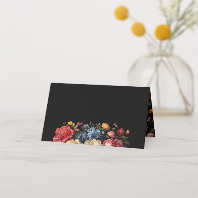 Floral Botanical Moody Black Wedding Place Card (Front)