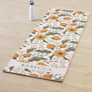 Floral Botanical Pattern Golden Green Custom Name Yoga Mat