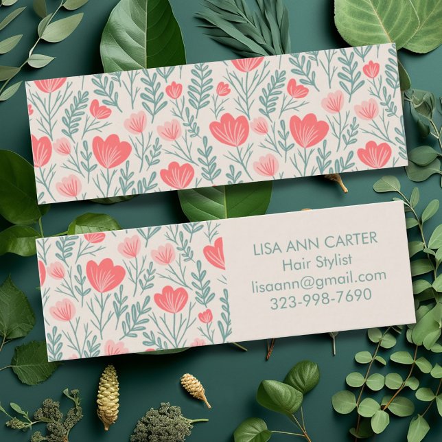 Floral Botanical Pattern Soft Pink and Green Mini Business Card (Mini floral custom business cards in green and pink)