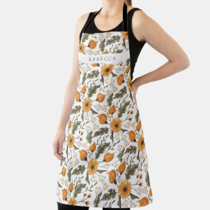 Floral Botanical Pattern White Golden Custom Name Apron