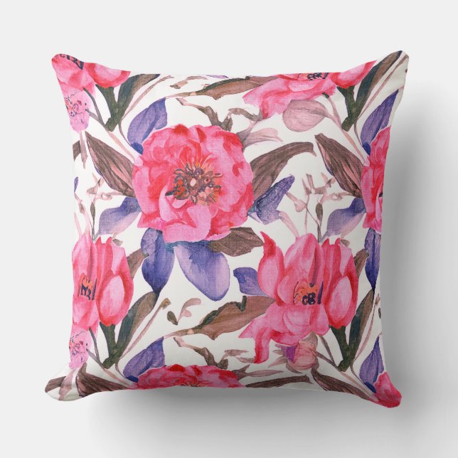 Floral botanical pink and purple pattern throw pillow (Front)