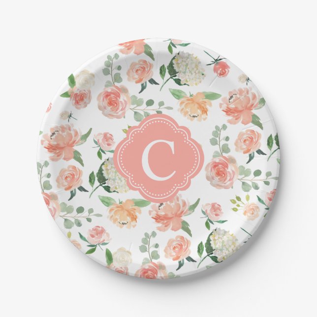 Floral Botanical Print with Your Monogram Paper Plate (Front)