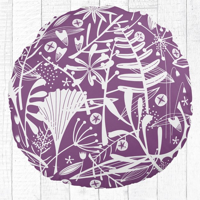 Floral Botanical Purple Round Pillow (Purple and white botanical silhouette round pillow)