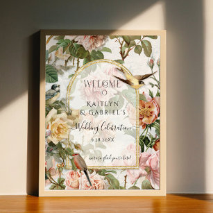 Floral Botanical Watercolor Birds Welcome Wedding Poster
