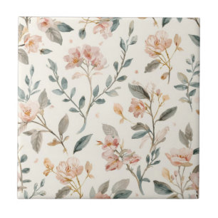 Floral Botanical Watercolor Leaves Beige Painted Tile