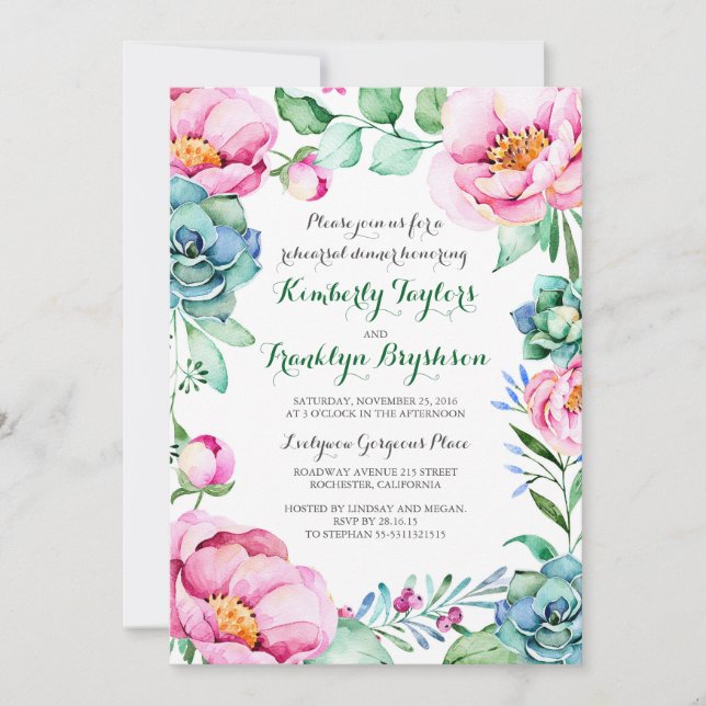 Floral Botanical Watercolor Rehearsal Dinner Invitation (Front)
