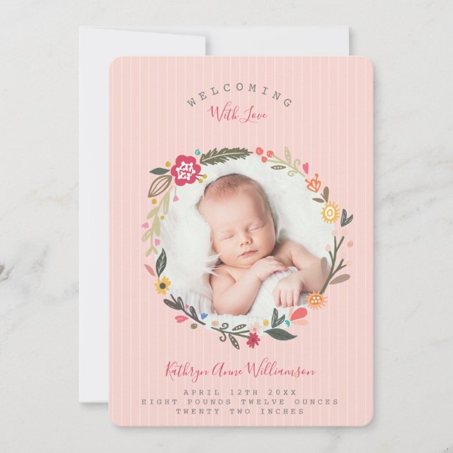 Floral Botanical Wreath Foliage Birth Announcement (Front)