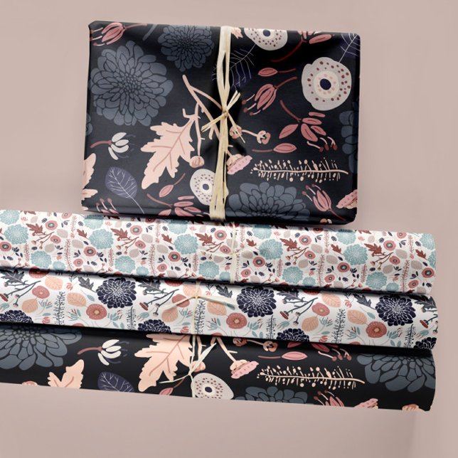Floral Botanicals Trio Decoupage Gift Wrapping Paper Sheet (Botanical Floral Trio Prints Black Blue Pink Wrapping Paper Sheets from Studio Posies. )