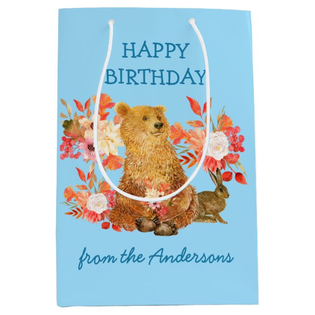 Floral Bouquet Bear Rabbit Birthday Gift Bag (Front)