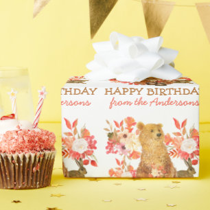 Floral Bouquet Bear Rabbit Birthday Wrapping Paper