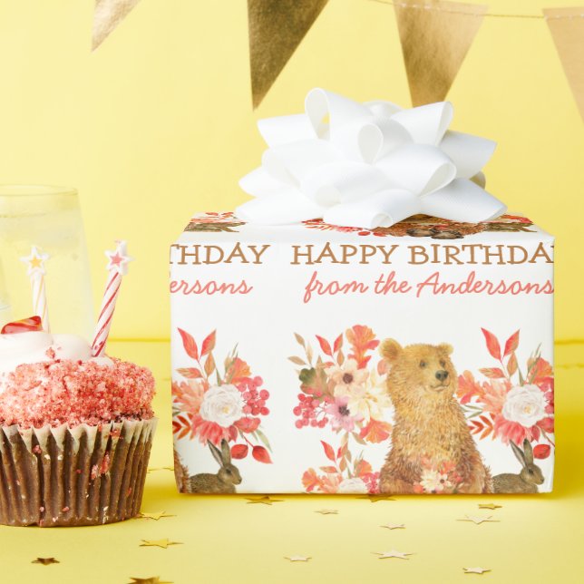 Floral Bouquet Bear Rabbit Birthday Wrapping Paper (Birthday Party)