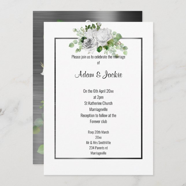 FLORAL BOUQUET BRUSHED BLACK TRIM WEDDING  INVITATION (Front/Back)