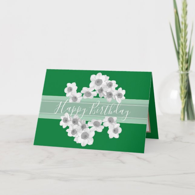 Floral Bouquet Daffodil Flower Green Girl Birthday Card (Front)