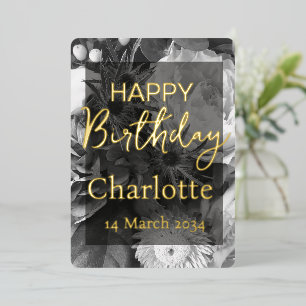 Floral Bouquet Happy Birthday Black and White  Foil Holiday Card