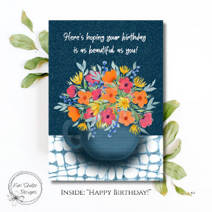 Floral Bouquet in Navy Blue mug Birthday Card