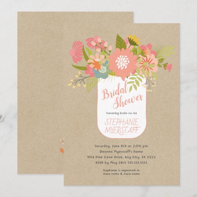 Floral Bouquet Mason jar kraft bridal shower Invitation (Front/Back)