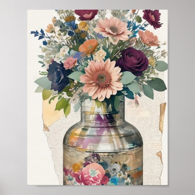 Floral Bouquet Mixed Media Collage Ephemera Poster (Front)