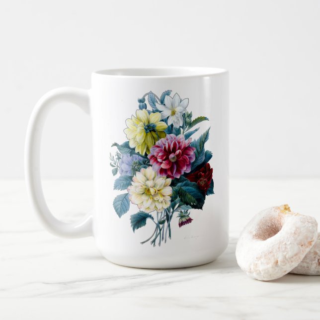 Floral Bouquet of Mixed Dahlias Coffee Mug (With Donut)