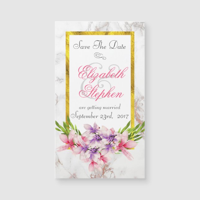 Floral Bouquet on White Marble Save the Date (Front)