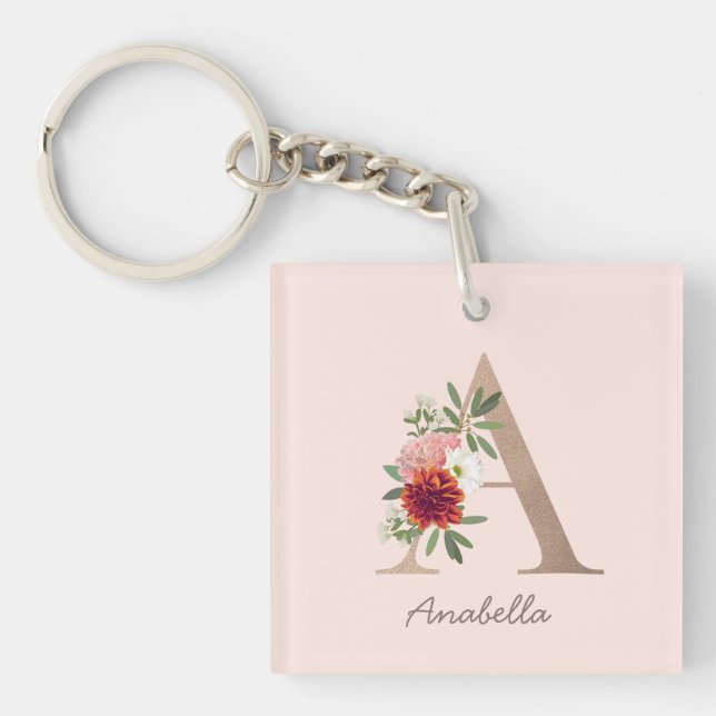 Floral bouquet personalized monogram letter A Keychain (Front)