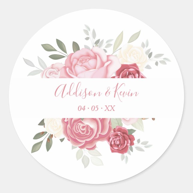 Floral Bouquet Pink Shades Wedding Classic Round Sticker (Front)