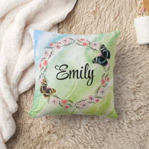 Floral bouquet romantic serenity butterflies throw pillow