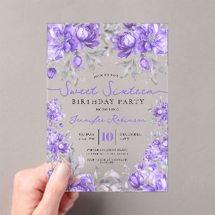 Floral Bouquet Sweet 16 Birthday Party Purple Acrylic Invitations