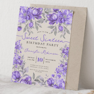 Floral Bouquet Sweet 16 Birthday Party Purple Invitation
