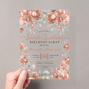 Floral Bouquet Sweet 16 Birthday Rose Gold Acrylic Invitations