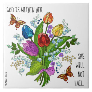 Floral Bouquet, w verse from Psalm 46:5 Tile