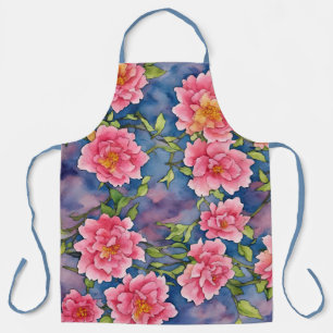 Floral Bouquet Watercolor Pink Peonies on Blue Apron