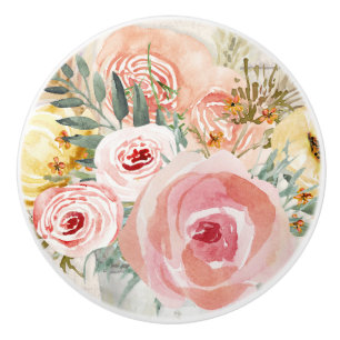 Floral Bouquet Watercolor Rustic Wood Pampas Grass Ceramic Knob
