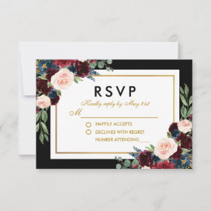 Floral Bourgogne Bleu Noir Noir Mariage RSVP