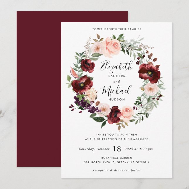 Floral Bourgogne Blush Green Invitation à la couro (Devant / Derrière)