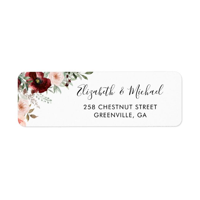 Floral Bourgogne Blush Greenery Adresse de retour (Devant)