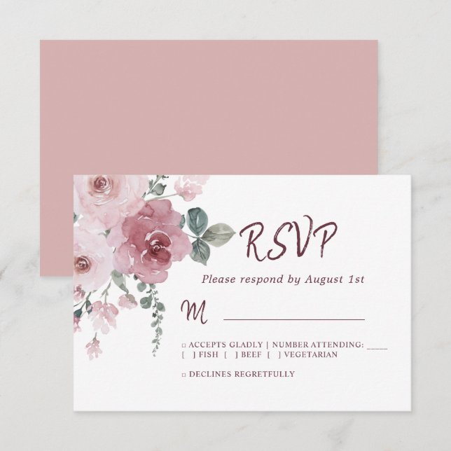 Floral Bourgogne Dusty Rose Mariage RSVP (Devant / Derrière)