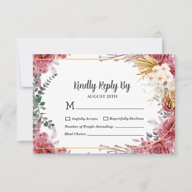 Floral Bourgogne Gold Eucalyptus Wedding Carte RSV (Devant)