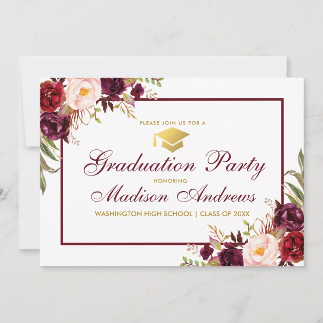 Floral Bourgogne Gold Graduation Party Invitation (Devant)