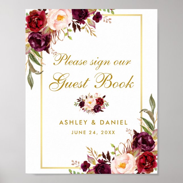 Floral Bourgogne Gold Mariage Poster du livre d'or (Devant)