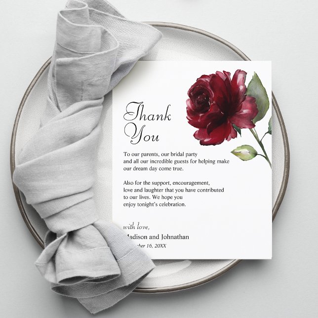 Floral Bourgogne Merci Carte de réception de maria (Floral Burgundy Thank You Wedding Reception Card)