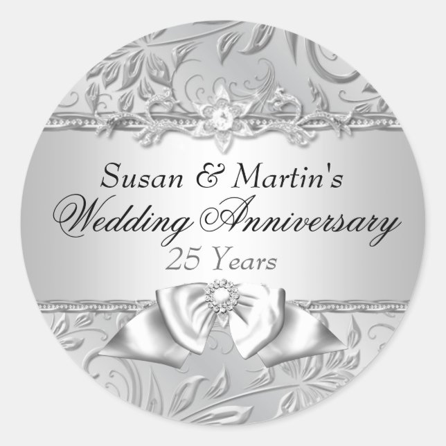 Floral & Bow 25th Wedding Anniversary Sticker (Front)