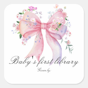 Floral Bow Baby shower - baby's first library Square Sticker