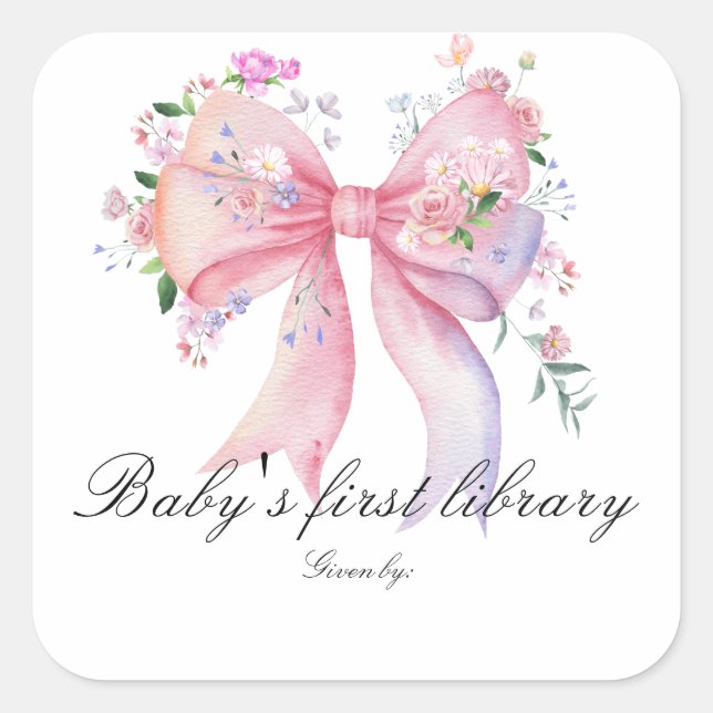 Floral Bow Baby shower - baby's first library Square Sticker (Front)