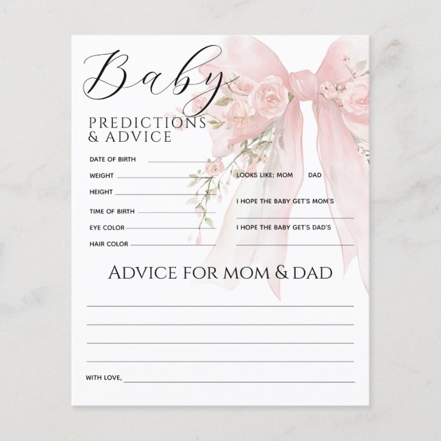Floral Bow Elegant Baby Shower Prediction Game (Front)