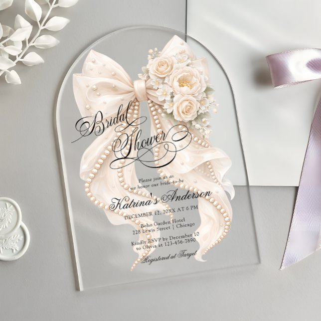 Floral Bow Elegant Bridal Shower  Acrylic Invitations (Creator Uploaded)