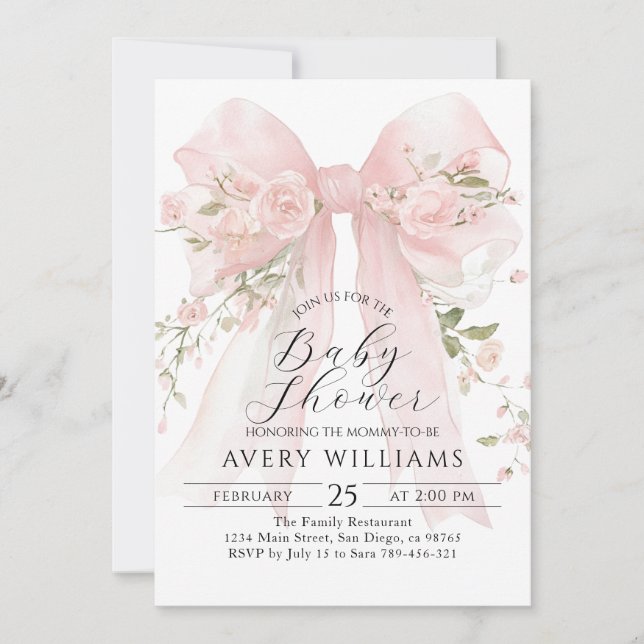 Floral Bow Elegant Flower Girl Baby Shower Invitation (Front)