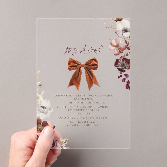 Floral Bow Fall Winter Girl Baby Shower Invitation (Insitu (Handheld))